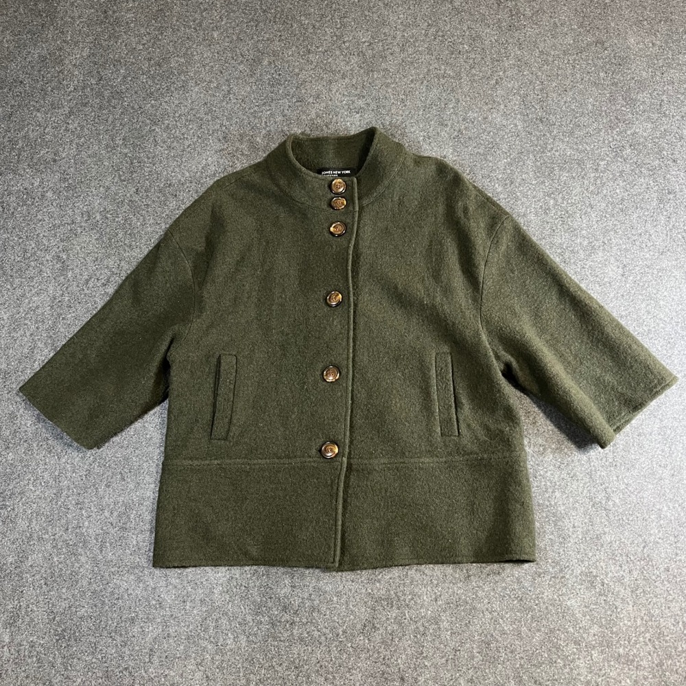 Jones New York Collection Green 100% Merino Wool Mock Neck Button Jacket Women M